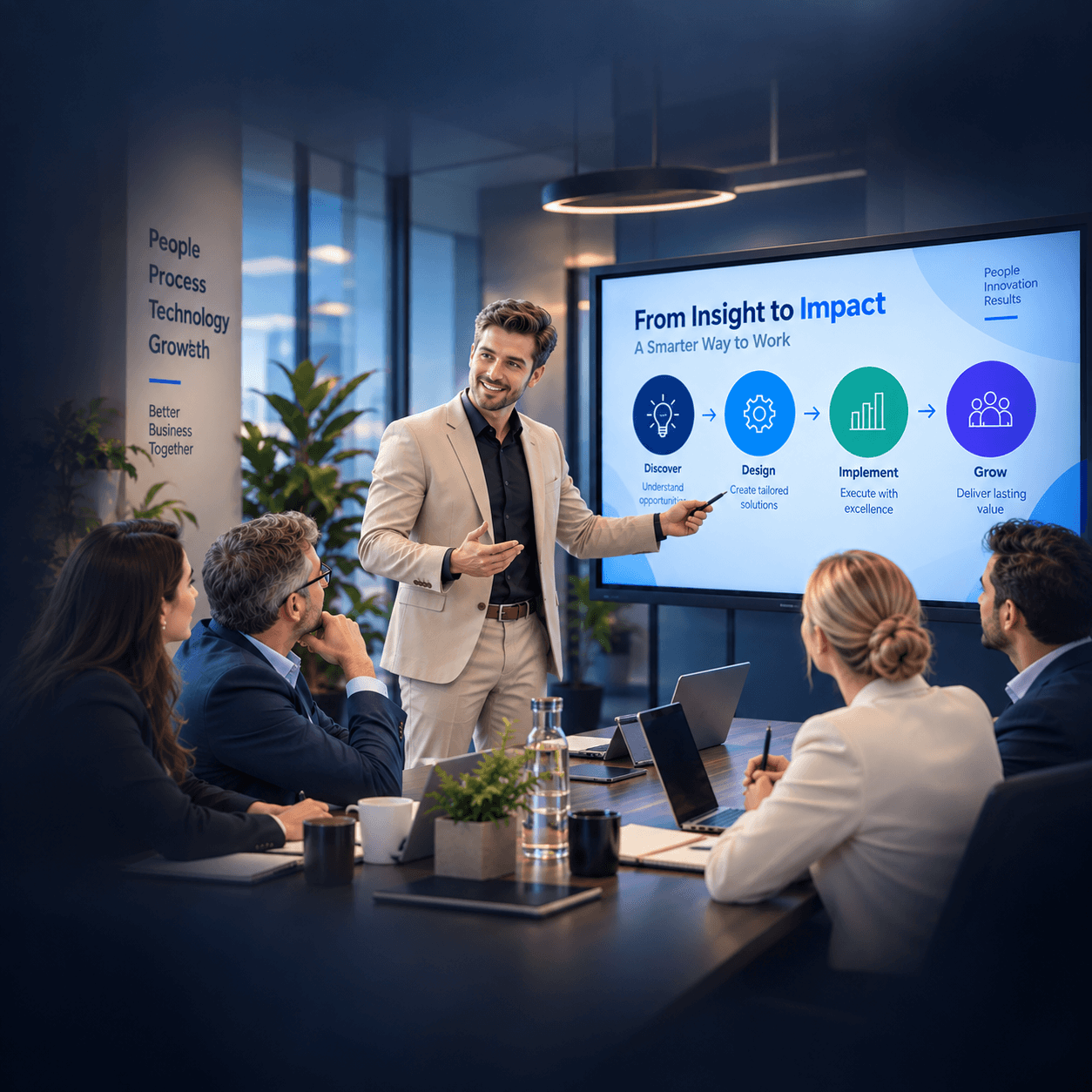 A GeniusX consultant walking a client team through the Discover, Design, Implement, and Grow stages of a Dynamics 365 engagement.