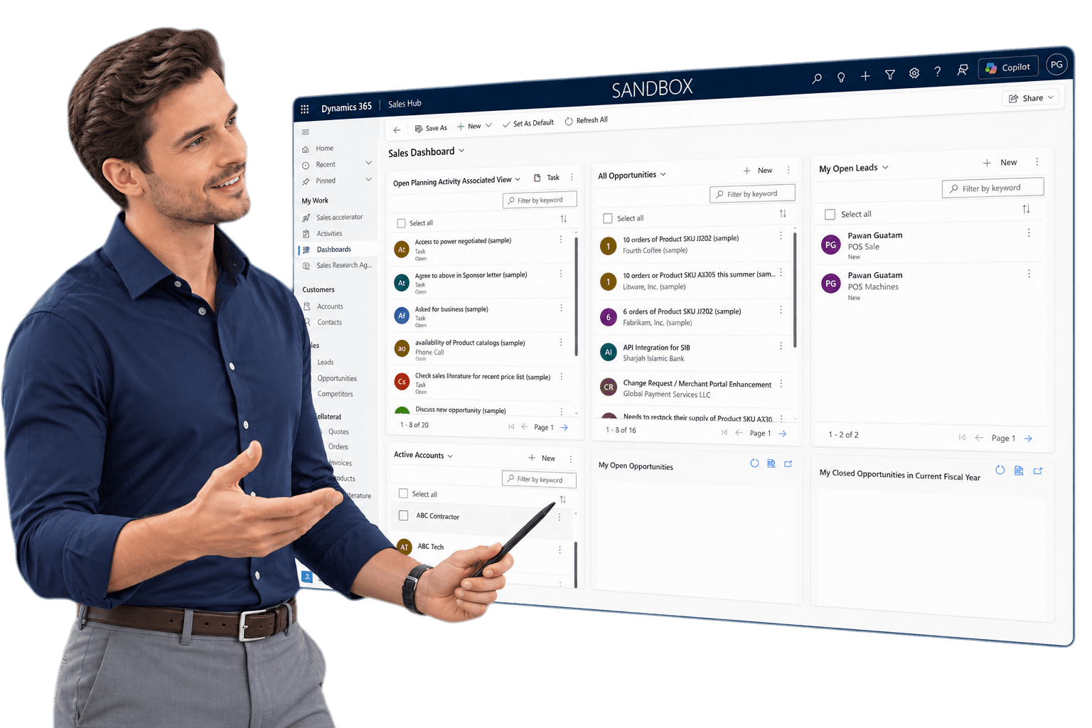 A GeniusX consultant presenting a Dynamics 365 Sales Hub dashboard showing open opportunities, leads, and active accounts